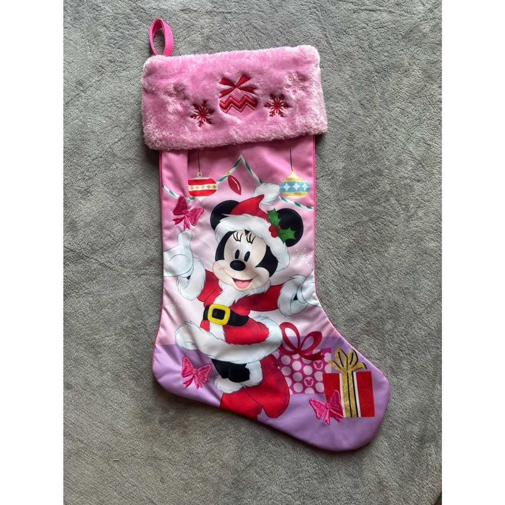 Disney Mickey‎ Mouse Christmas Stocking Pink Fur Trim Holiday Decor